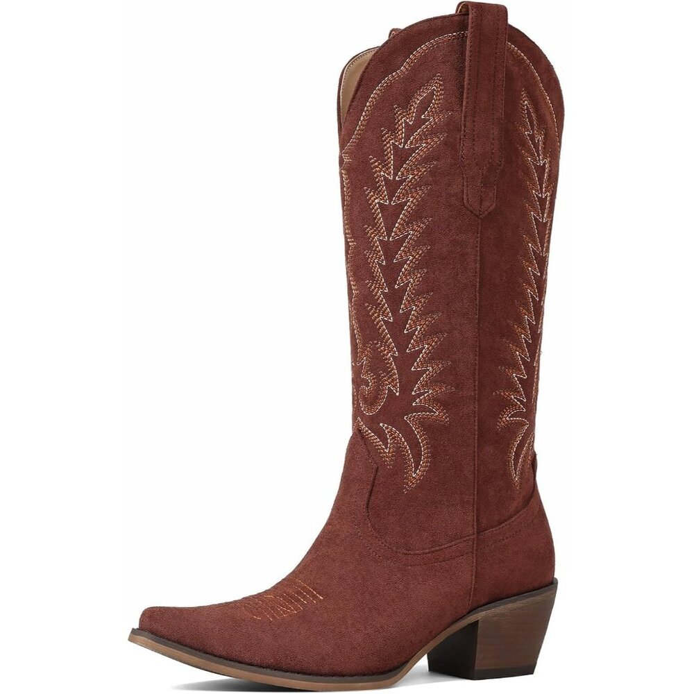Women's Brown Suede Embroidered Western Knee High Boots Pointed Toe Chunky Heel